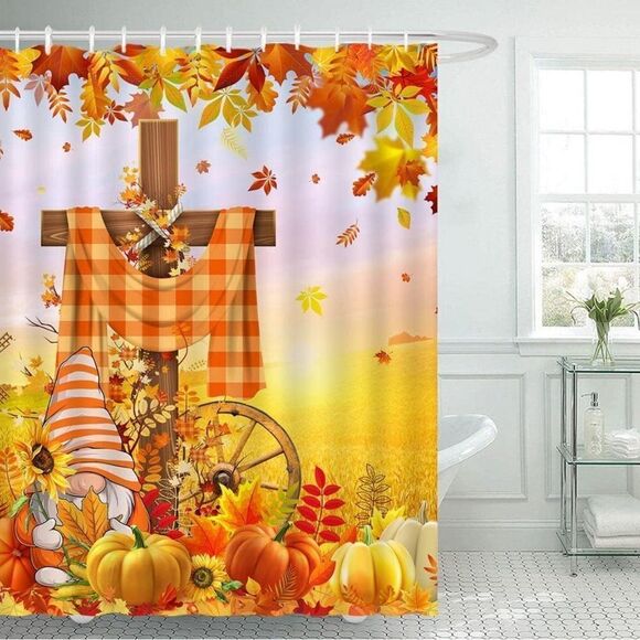Fall For Jesus Autumn Shower Curtain Maple Leaves Cross Pumpkin Gnome - Picture 1 of 1